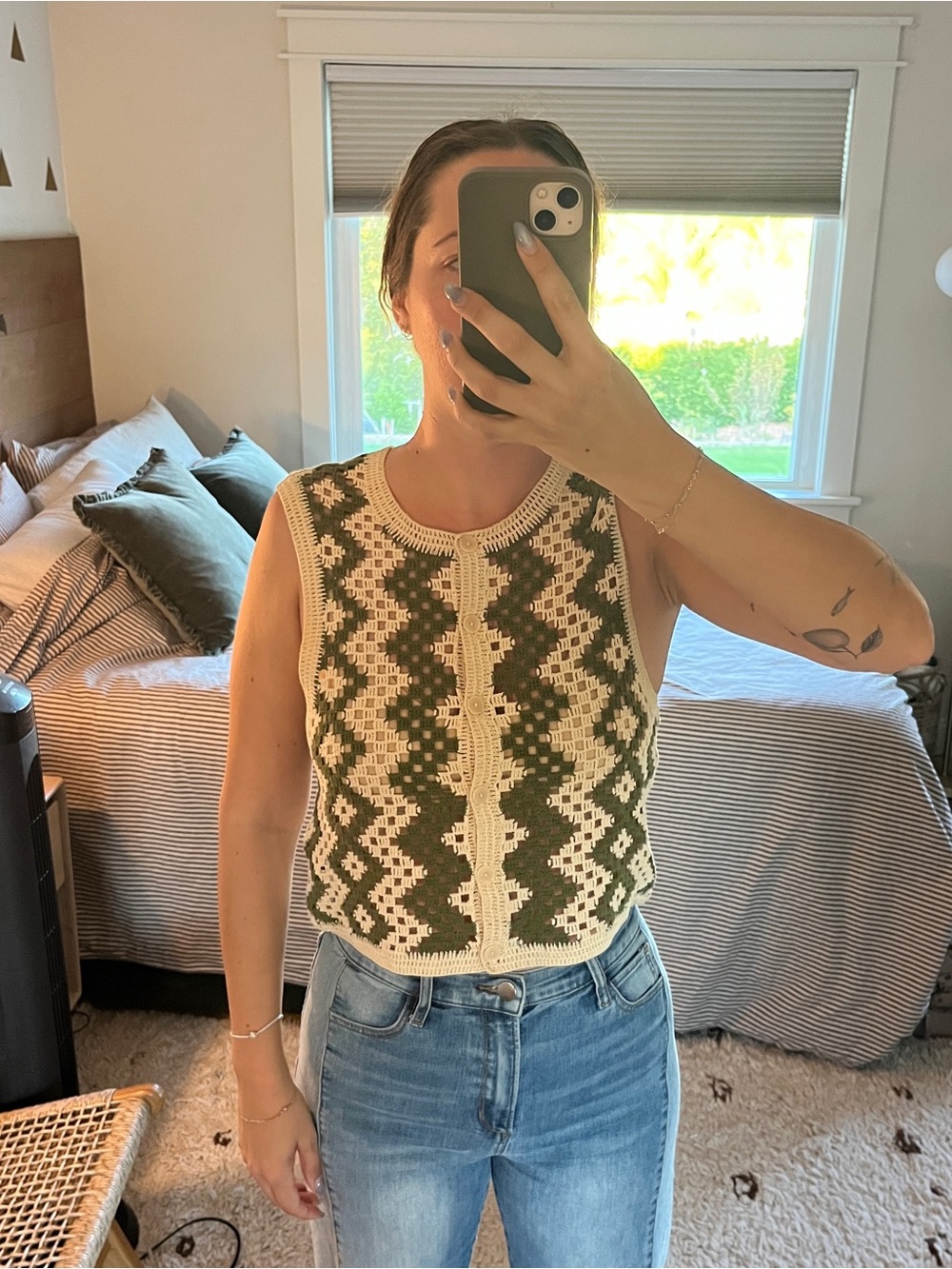 Sandro Crochet Knit Sleeveless Tank Top - Olive and Cream
